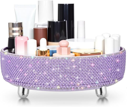 Honeydak Purple Bling Perfume Makeup Organizer Bling Mother's Day Nurses Day Gifts for Women Bathroom Organizers and Storage 360 Rotating Makeup Organizer for Countertop(Pearl)