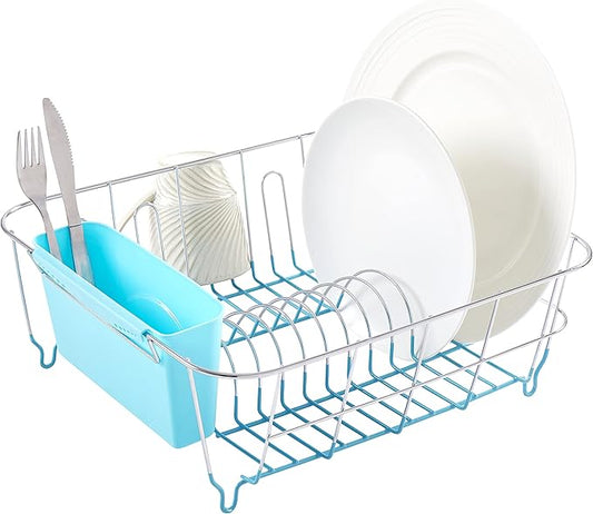 Dish Drying Rack & Cutlery Holder 2 Piece Set - Compact Sink-Fitting Dish Drainer with Rubberized Undercoating, Space-Saving Kitchen Organizer for Plates, Cups, Bowls & Utensils in Sink, Turquoise