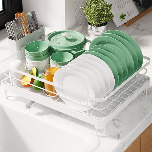 Kitsure Dish Drying Rack for Kitchen Counter, Stainless Steel Sink Organization and Storage Essentials with Cutlery Holder, Home and Appartment Decor, 12.7''W x 16.7''L, White