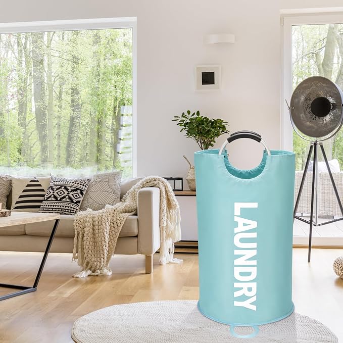 Maxsilan 90L Large Laundry Basket, Freestanding Tall Clothes Hamper, Collapsible Laundry Bag, Light Blue