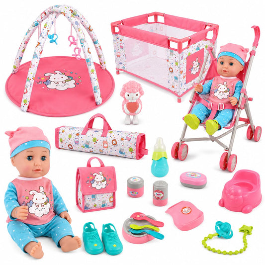 Liberty Imports Kids 18-Piece Newborn Talking Baby Doll Stroller Nursery Role Play Set w/ Playpen, Play Mat, Potty Training, Accessories (14" Doll Included)