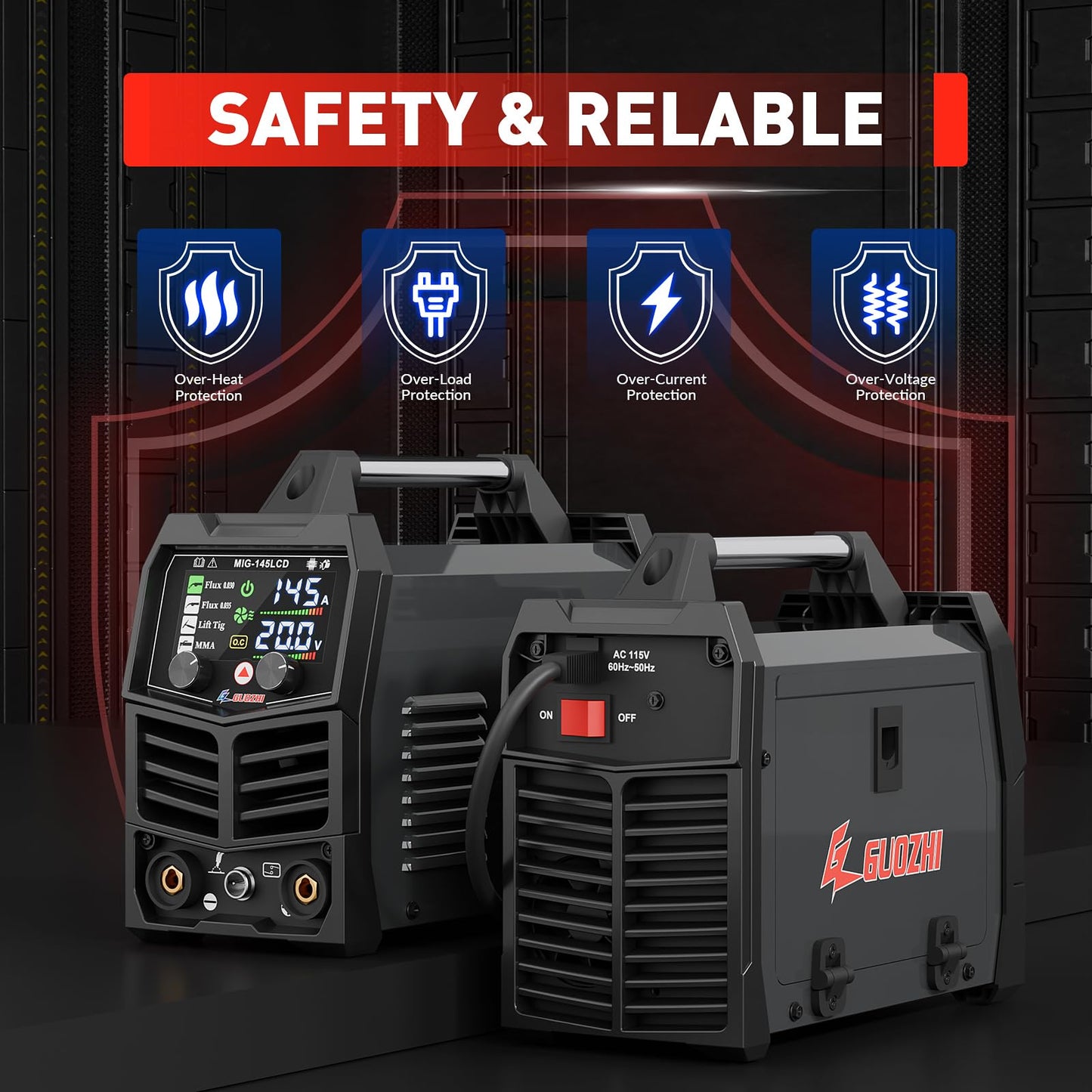 GZ GUOZHI 145A MIG Welder, 3 in 1 Welders FLUX MIG/Lift TIG/ARC Multi-Process IGBT Inverter Welder, 110V Welding Machine, ‌Flux Core Welder with upgrade Large LCD Screen