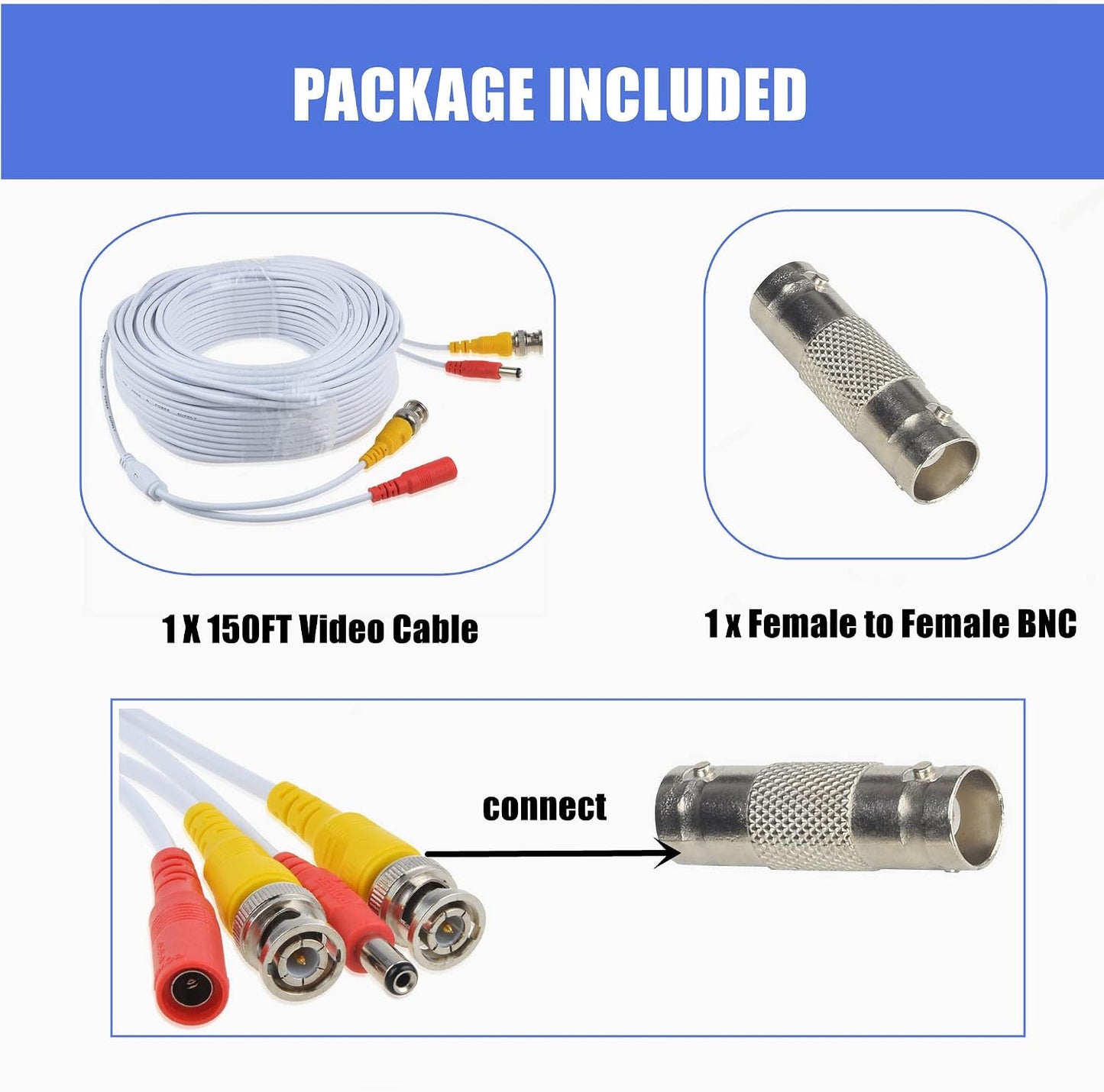 150ft White BNC Video Power Cable for Zosi CCTV DVR Security Cameras