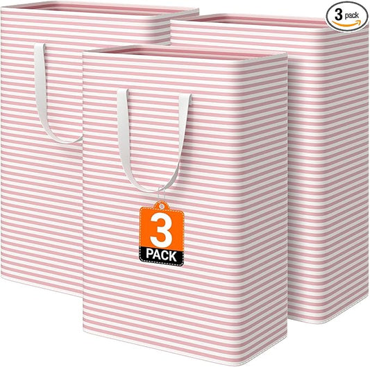 3 Pack Large Laundry Basket,Waterproof & Freestanding Laundry Hamper,Collapsible Clothes Hampers with Easy Carry Long & Reinforced Handles in Bathroom,College Dorm(125Lx3,Pink)