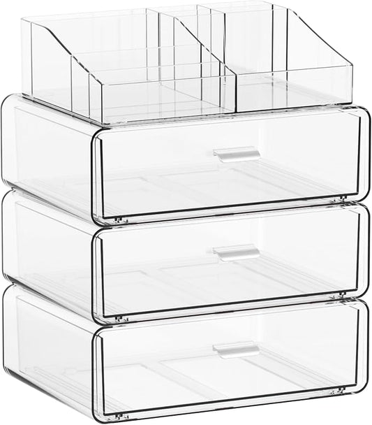 Yieach 4 Tier Clear Acrylic Makeup Organizers with Drawers,Tiered Countertop Make up Storage Organizer for Dresser Top and Bathroom Vanity,Plastic Makeup Stand for Brush,Skincare,Beauty Organizers