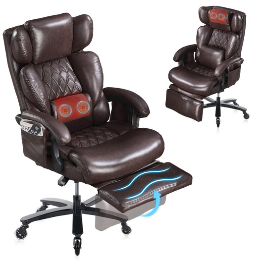 Big and Tall Ergonomic Office Chair with Footrest, Massage Cushion, Heavy Duty Lumbar Support Executive Desk Chair with Adjustable Headrest, High Back Reclining Computer Chair 500lbs, Leather, Brown