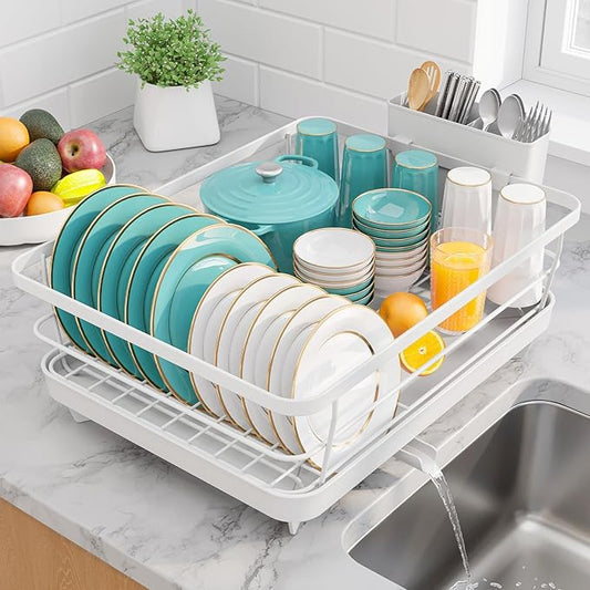 Sakugi Dish Drying Rack - Stainless Steel Dish Rack with Drainboard for Kitchen Counter and Sink, 15.6" D x 12" W x 5" H, White
