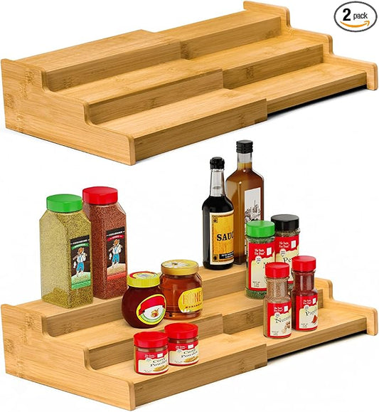 VenDotbi Spice Rack, 3-Tier Expandable Bamboo Spice Rack Organizer for Cabinet, Kitchen, Pantry and Cupboard Storage Organizer(2pack)