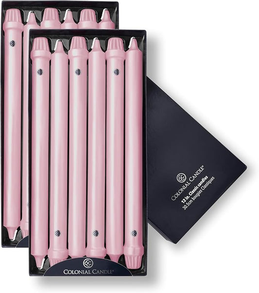 Colonial Candle Unscented Taper Candle, Classic Collection, Persian Pink, 12 in, Pack of 12 - Up to 10 Hours Burn