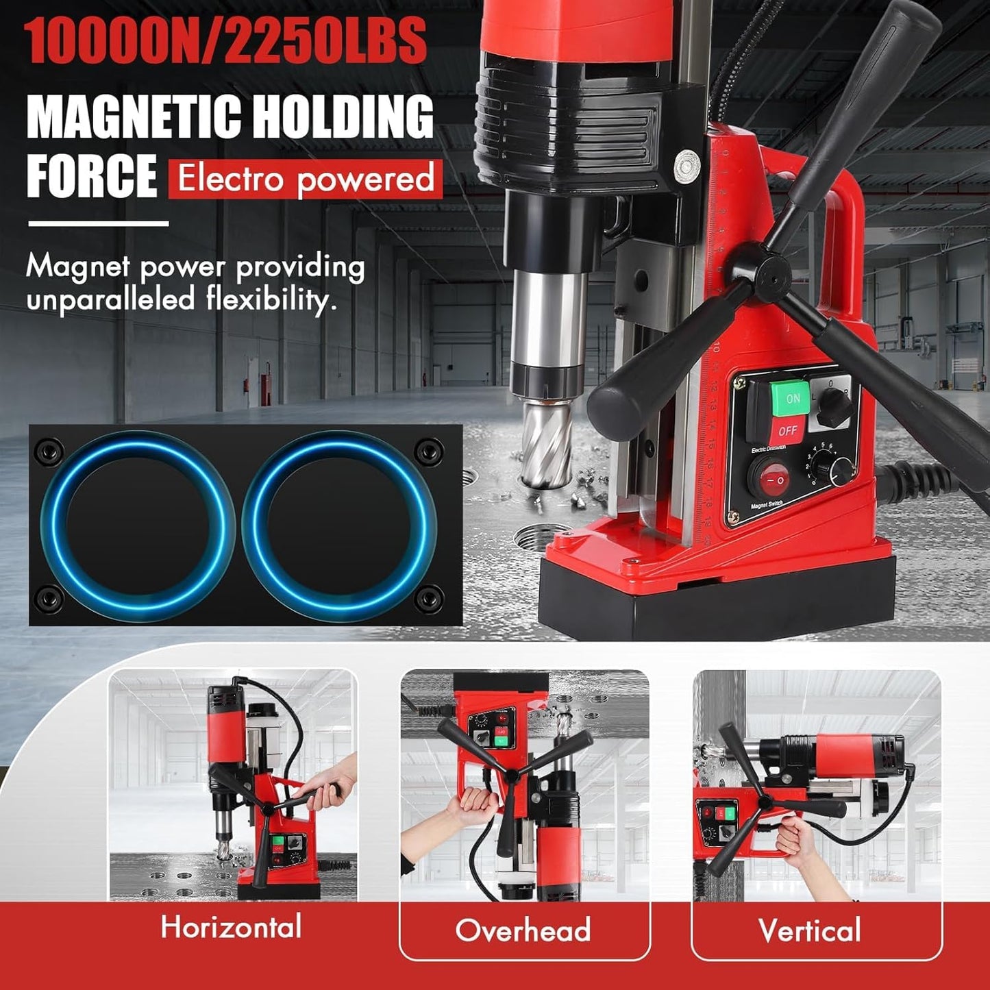 COZONY Magnetic Drill Press, 1300W 810RPM Portable Mag Drill Press, 1.6 Inch Boring Diameter, Double Track, Electric Drilling Machine with 11Pcs Drilling Bits,for Metal Surface, Industrial