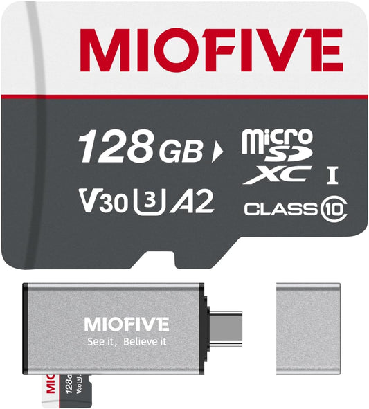 Miofive 3.0 170MB/s, C10, U3, A2, V30, 4K (128GB) Memory Card - Ultimate Micro SD Card with USB Type-C Card Reader