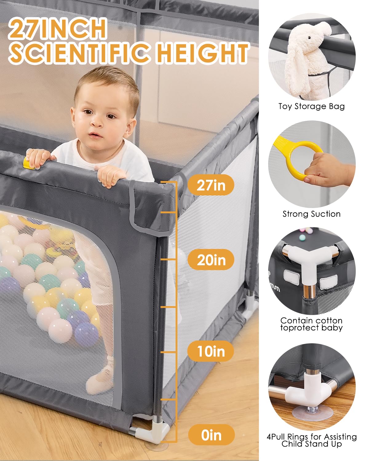 71" x 59" Extra Large Baby Playpen for Babies and Toddlers, Safe Activity Center with Soft Play Fence, Indoor Safety Yard, Easy to Assemble and Clean (Gray)
