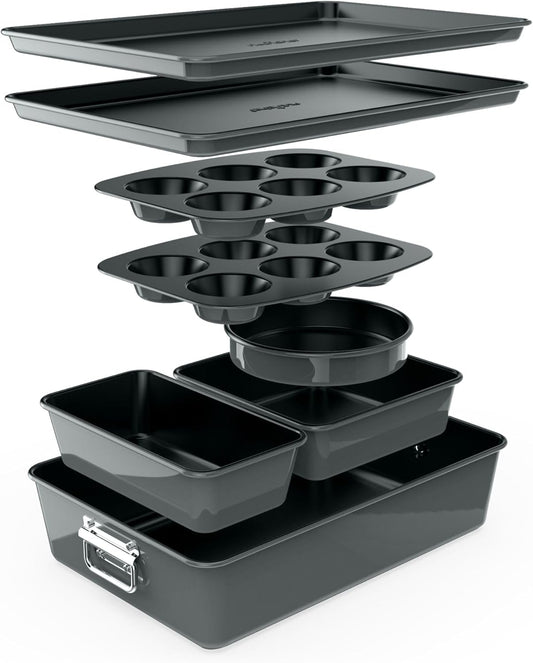 NutriChef 8-Piece Nonstick Bakeware Set - PFOA-Free Baking Pans, Oven Safe to 450°F, Gray