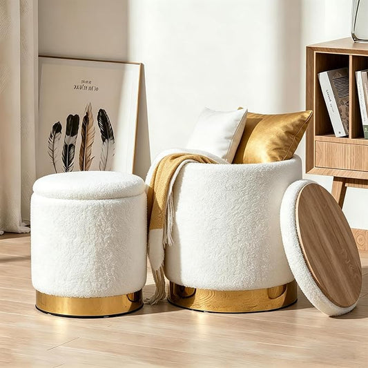 Round Ottoman with Storage Set of 2 Vanity Chair Small Ottoman Coffee Table, Foot Stool, Removable Lid, for Living Room, Bedroom, Hallway, Assembly Free (Sherpa White)