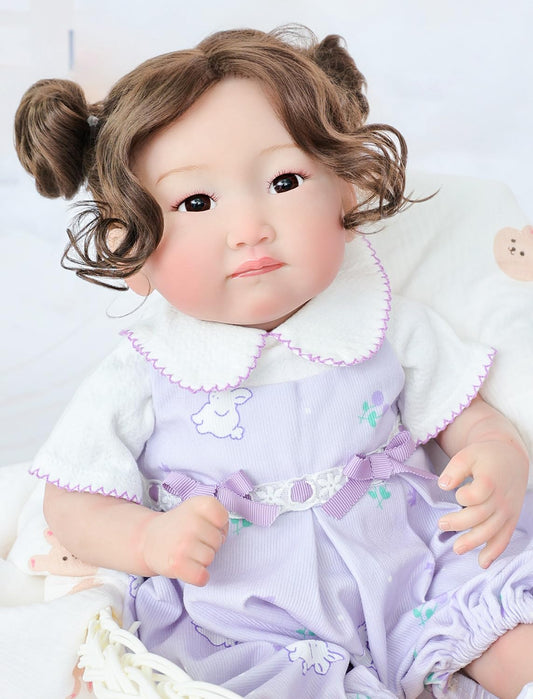 Cloveray Reborn Baby Dolls, 18 Inch Large Realistic Soft Body Asian Baby Doll with Purple Outfit, Brown Glass Eyes, Gift for Girls Ages 3+, Comforting Companion, Pretend Play, Collectible