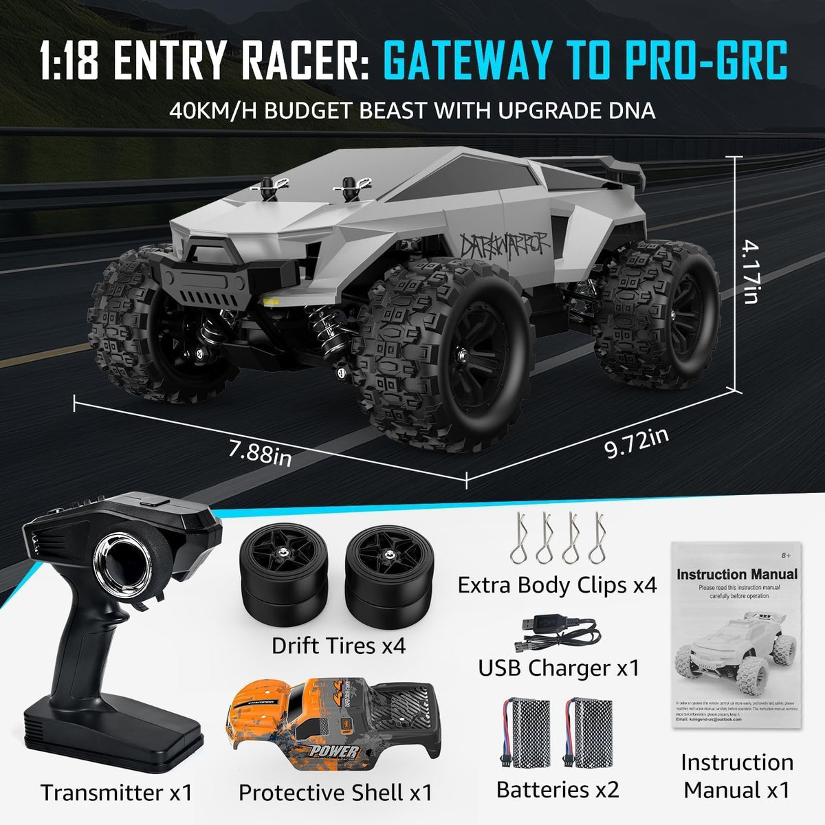 kolegend 2-in-1 RC Cyber Monster Truck & Drift Car for Adults 1/18 Scale 4WD 40KM/H All-Terrain Fast RC Car with 2.4Ghz Radio, 2 Batteries & 2 PVC Shells RTR