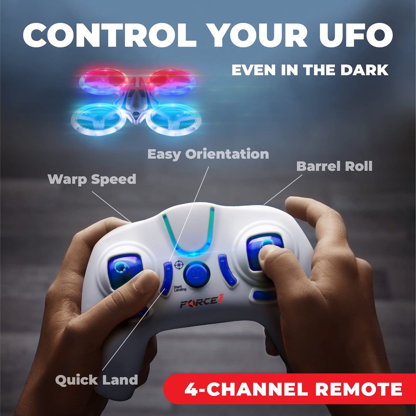 Force1 UFO 4000 Mini Drone for Kids - LED Remote Control Drone, Small RC Quadcopter for Beginners, 2.4GHz Remote Control, 360 Flips, 2 Speed UFO Flying Toy for Kids, 2 RC Toy Batteries
