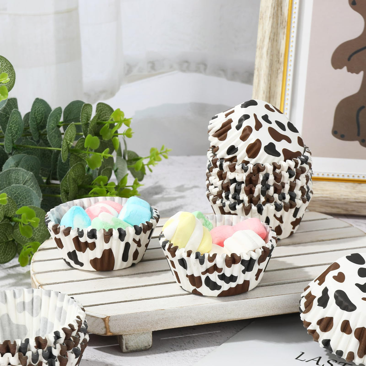 Whaline 300Pcs Cow Print Paper Baking Cups Black Brown Cupcake Liners Highland Cow Spot Muffin Liner Farm Animal Cake Paper Cups Storage Container for Party DIY Craft, 2x1.2 Inch
