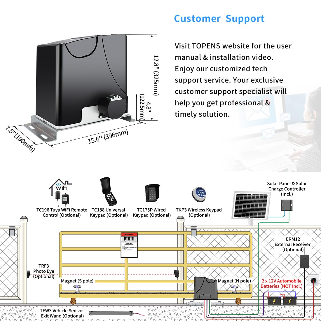 TOPENS DK1000S Solar Sliding Gate Opener Rack Drive Automatic Gate Motor for Heavy Driveway Slide Gates Up to 1800 Pounds, Electric Gate Operator Battery Powered with Solar Panel Remote Control Kit