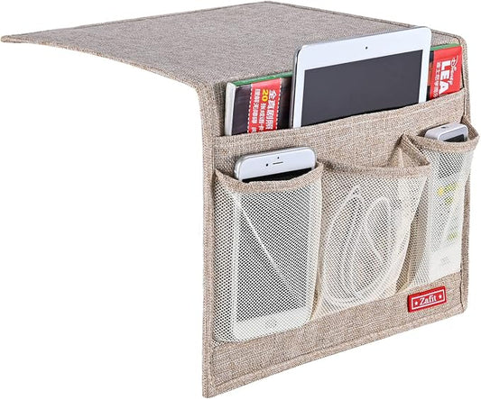 Zafit Linen 4 Pockets Bedside Caddy, Bedside Storage Organizer for Magazine, Remotes, Phone (Beige, Classic 4 Pockets)