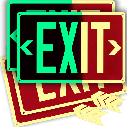 4Pack Photoluminescent Exit Sign Aluminum - 14x10 Inches Glow In Dark Exit Sign with Adhesive Backing - Removable Arrows Included - Non Electrical Red Exit Light For 50 Feet Visibility