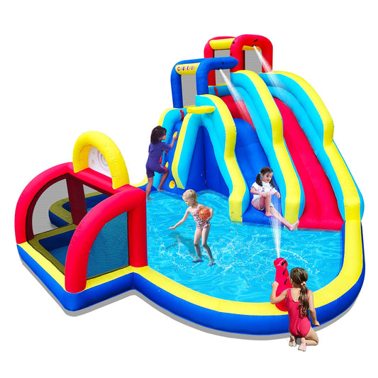 Causeair Inflatable Double Water Slide with Soccer Goal,Big Splash Pool,Water Cannon,Basketball Hoop,Fun Climb Wall,GFCI Blower,Bounce Slide for Party Fun