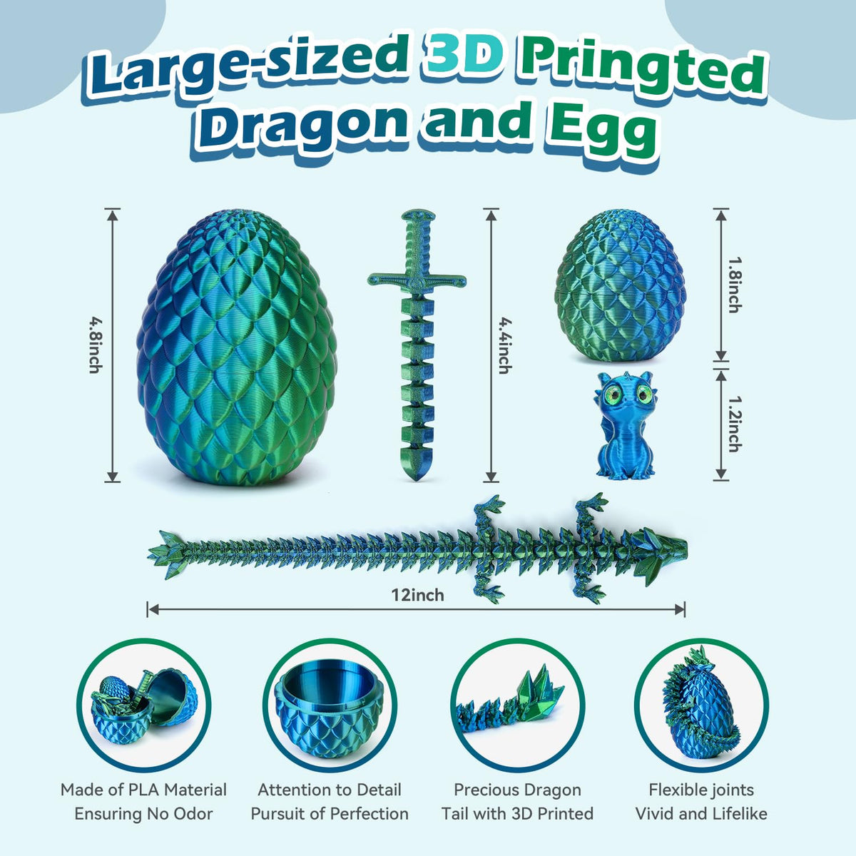 NIUCOO 12" 3D Printed Dragon Egg, Articulated 3D Printer Crystal Egg with Dragons Inside Toy, Surprise 3D Printed Animals Dragons Fidget Toys Party Favors for Kids Boys Girls