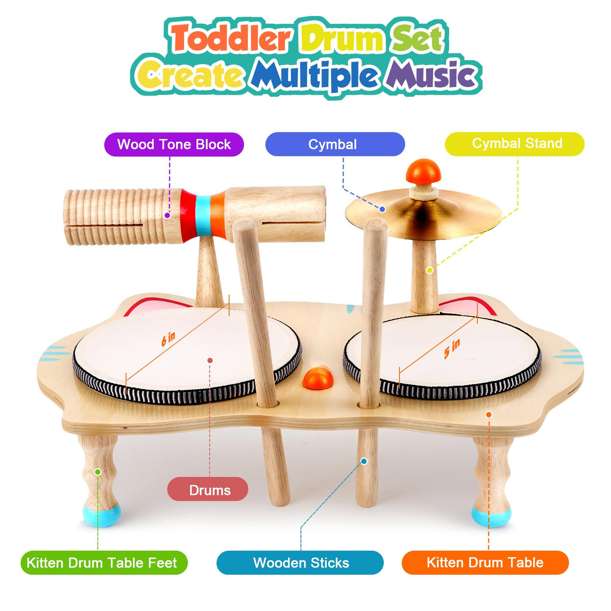 WINGYZ Kids Drum Set – 6-in-1 Wooden Musical Instruments for Toddlers 1–3, Montessori Baby Music Set with Drums, Cymbal & Tone Block, FSC-Certified Cat Design Table for Home & Classroom Learning Gift