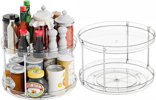 2 Tier Lazy Susan Turntable for Cabinet,Countertop,Pantry,12"W Spinning Seasoning Organizer,Double Rotating Kitchen Spice Rack Organizer and Condiments,Medicine,Vitamin Bottle Organizer Carousels,2Pc