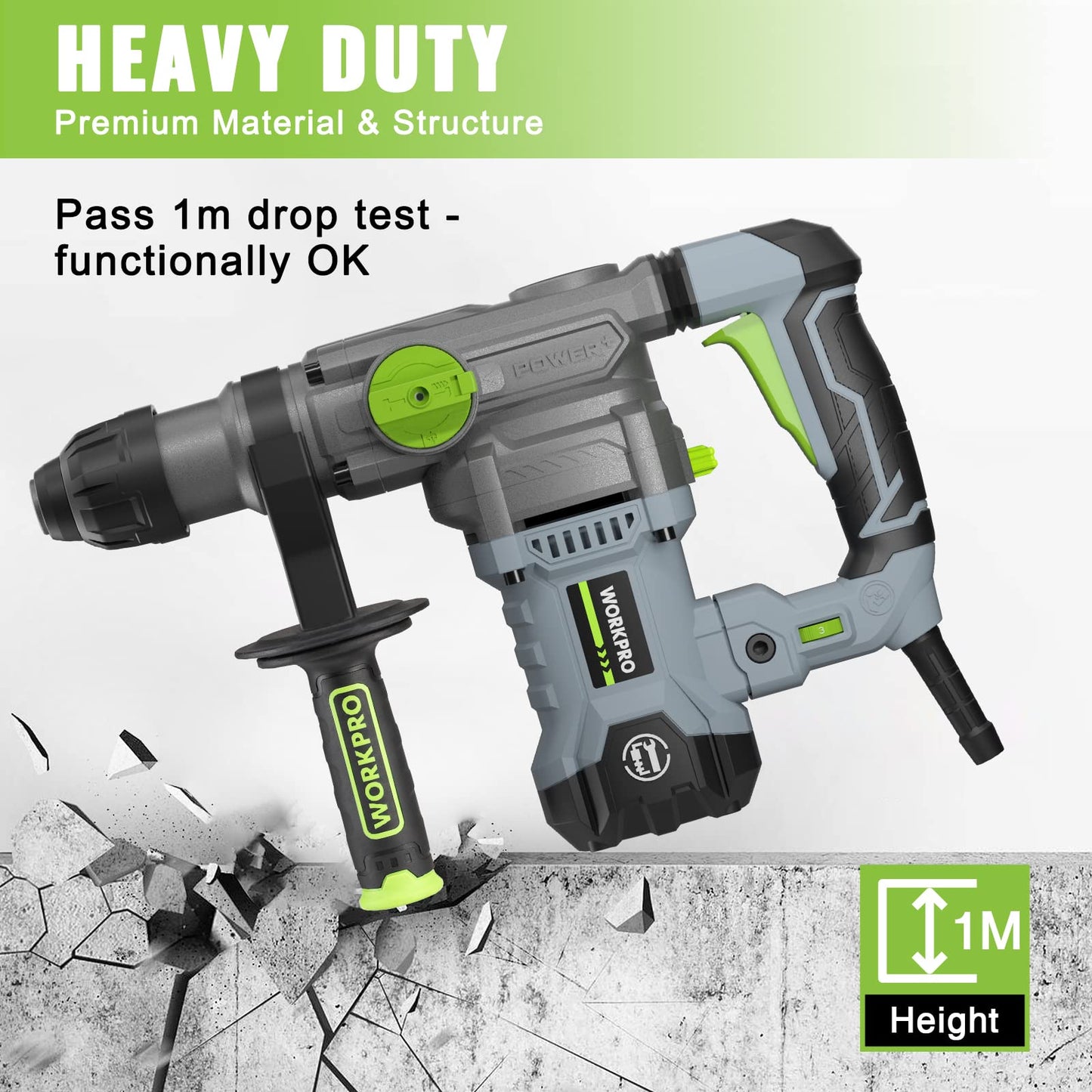 WORKPRO 1-1/4 Inch SDS-Plus Rotary Hammer Drill, 12.5AMP, Heavy Duty Corded Version for Concrete Demolition Chipping Rotomartillo, 5 SDS-Plus Bits
