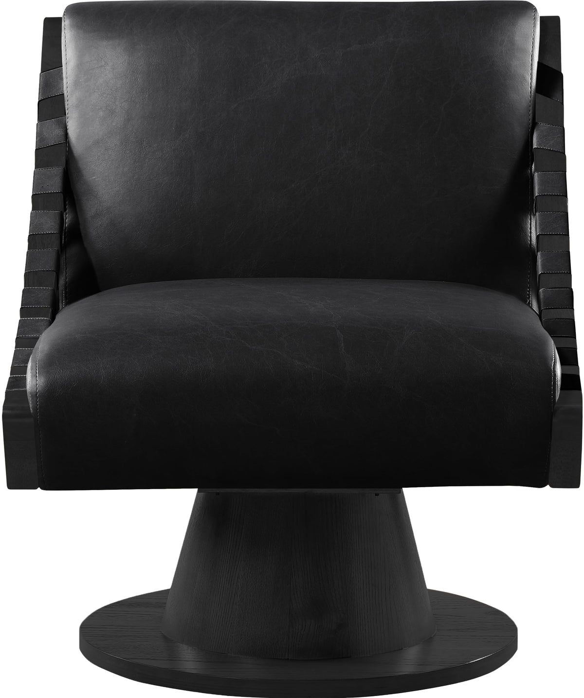Meridian Furniture 33002Black Millwin Collection Art Deco Swivel Accent Chair with Rich Black Vegan Leather, Black Finish, Solid Wood Frame and Base, 28" W x 30" D x 32.5" H, Black
