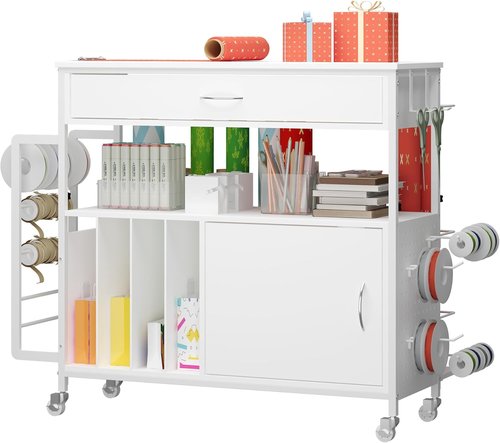 Height-Adjustable Gift Wrapping Station by [Brand Name] - Rolling Cart with Paper Clamp & Ribbon Storage | White
