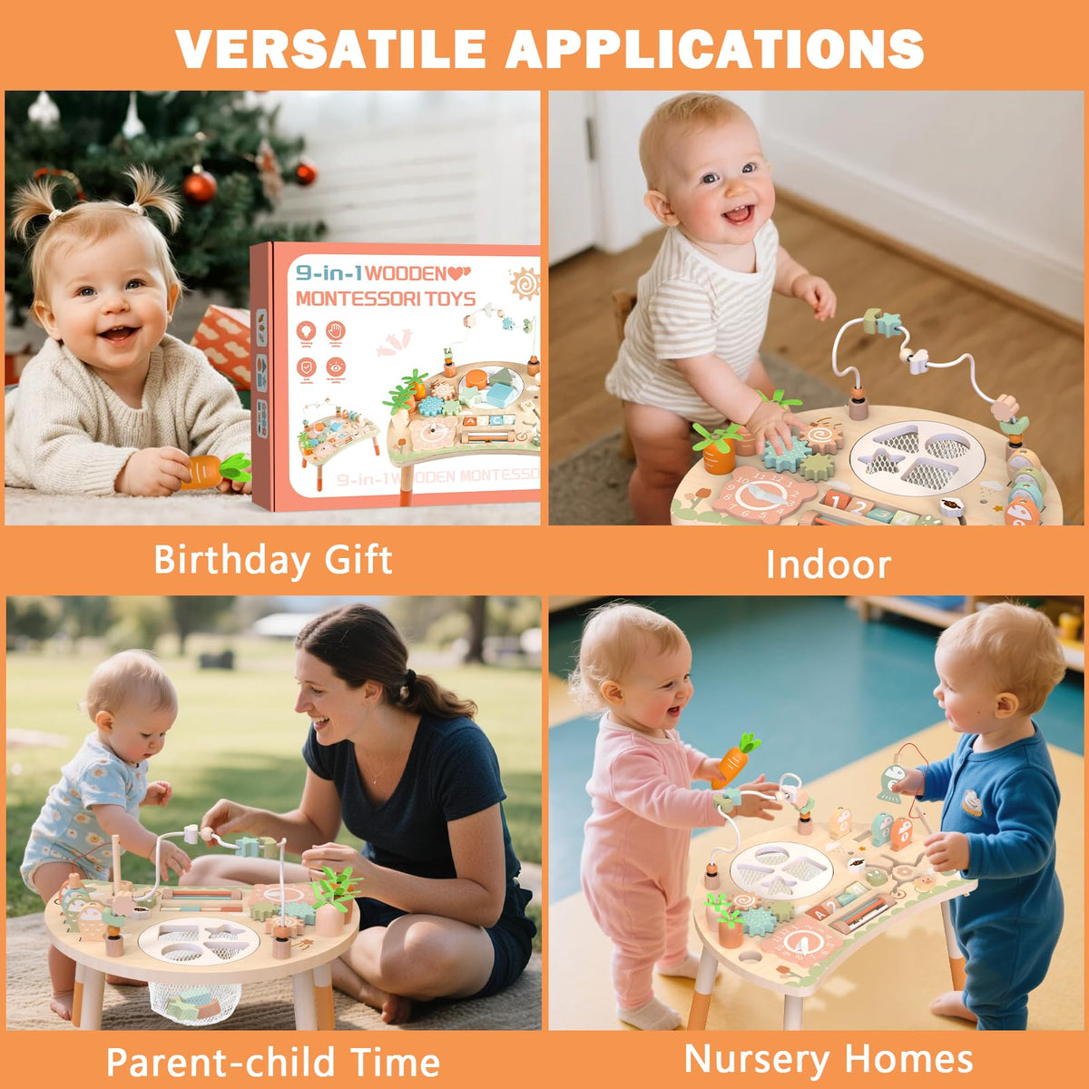 Weilim Activity Table, 9-in-1 Wooden Montessori Toy Activity Center with Shape Sorter Fishing Game Bead Maze, Baby Play Table Sensory Educational Toys for Toddler