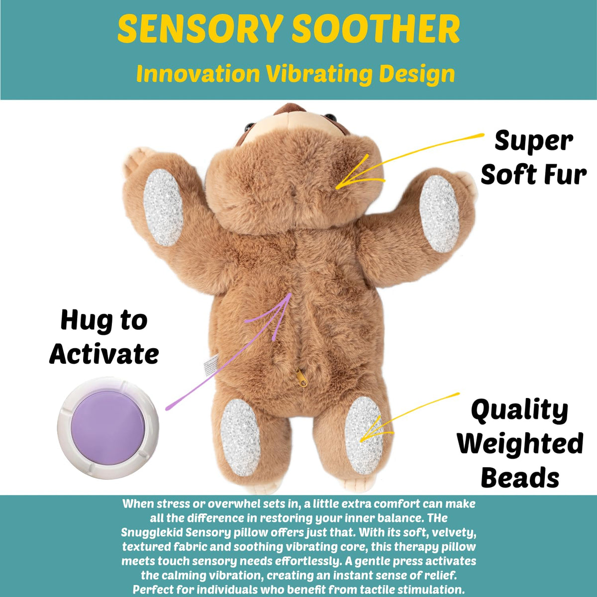 Snugglekid Sloth Sensory Weighted Vibrating Pillow, Pressure Activated for Kids Adults, Plush Minky Soft Size: 11 by 20 inches Pillow Animal, Calming Therapy for Focus and Balance for Gift Birthday