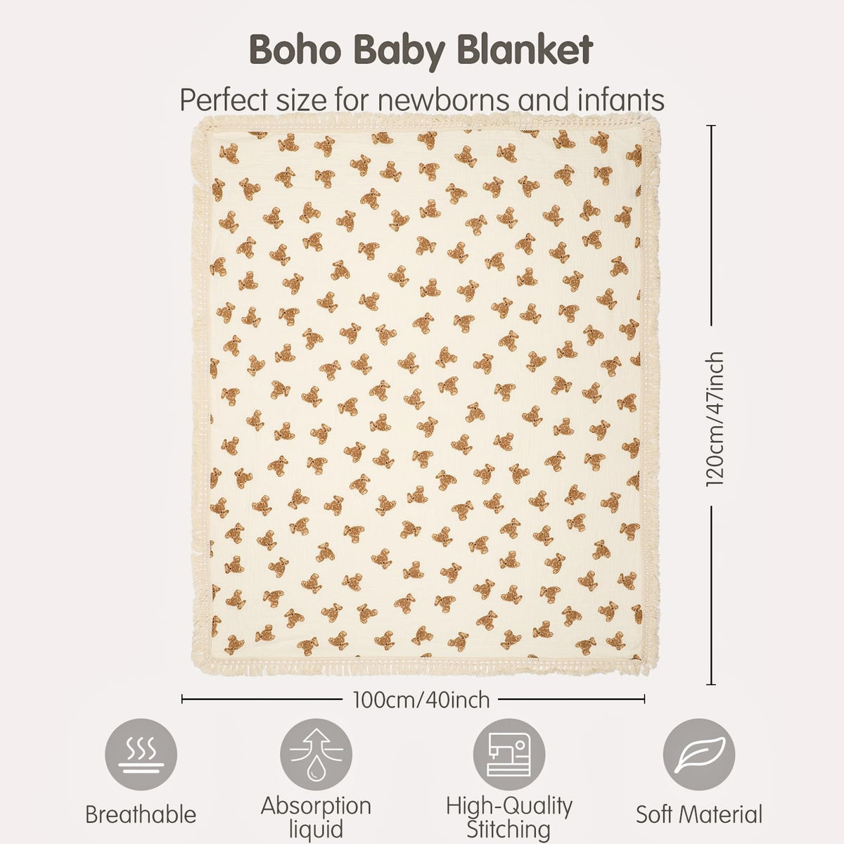 insular Cotton Muslin Baby Blanket with Tassel, Boho Bohemian Muslin Swaddle Blanket Baby Receiving Blanket with Fringe, Nursery Decor Throw or Nursing Blankets, 47" x40”, Little Bear