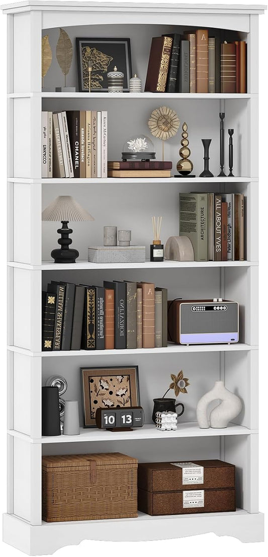 TVU 6-Tier Wooden Bookshelf, 76 Inch Tall Bookshelf with Storage, Floor Standing Modern Style Display Bookcase for Living Room, Office, Study Room, Entryway, White