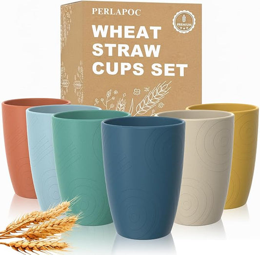 Wheat Straw Cups, Plastic Cups Reusable, Unbreakable Drinking Glasses Set of 6, Plastic Cups for Kitchen Camping Outdoor, 16 OZ Dishwasher Safe Tumblers & Water Glasses, Multi