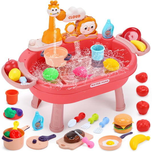 HOLYFUN Play Kitchen Sink with Running Water, Water Table Toy, Sink Toy with Functional Faucet, Play Food, Pots & Pans Kitchen Accessories, Realistic Pretend Play Gift Set for Toddlers and Kids (Pink)