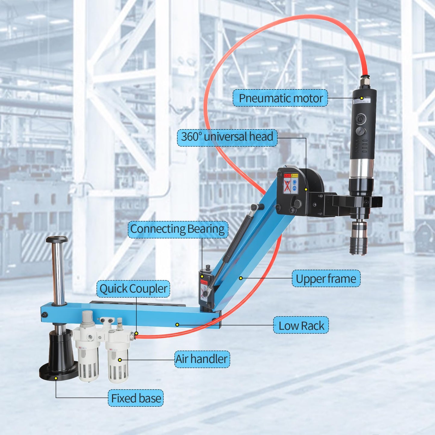 Helivivfy Pneumatic tapping machine, 360° Multi directional universal soft arm drilling and threading machine M3-M12 with tap holder