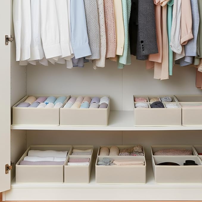 Drawer Organizer Set 6 Pack - Foldable 11" Fabric Storage Bins with Zipper Bottom for Underwear Socks Bras Baby Clothes - Closet Dresser Dividers for Bedroom Nursery, Light Grey