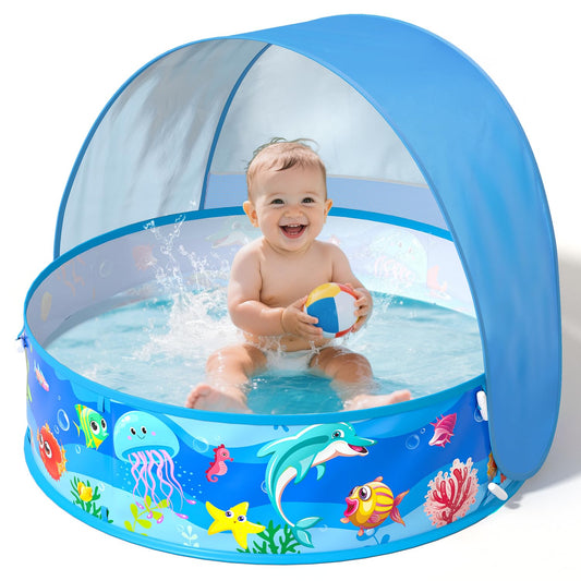Baby Beach Tent, Pop-Up Above Ground Pool, Foldable Kiddie Pool with Sun Shelter Canopy for Ages 9-48 Months, Toddler Wading Pool, Portable Water Play Sum Toys for Outdoor Activity