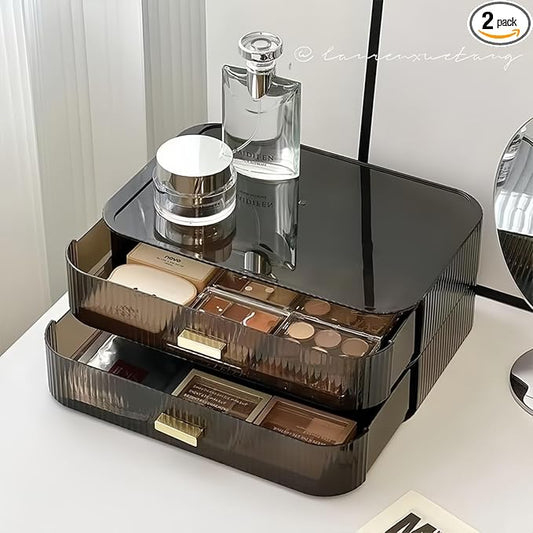2 Pack Stackable Makeup Organizer with Drawers, Bathroom Storage for Eyeshadow Palettes, Cosmetics, and Beauty Supplies. Ideal for Vanity Counter, Cabinet, Entryway Table, Desk