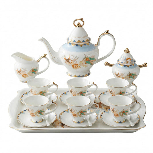 22 Piece Bone China Tea and Coffee Set, Tea Cups And Saucers for 6, with Tray,Teapot, Spoons, Sugar Bowl Chamber of Golden Cicadas For Tea Party, Household, Wedding Gift, Housewarming, Birthday Gift