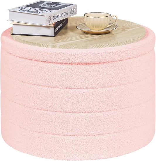 PINPLUS Ottoman with Storage, Foldable Round Ottoman Sherpa Stool with Tray, Boucle Foot Rest for Living Room, Bedroom, Dorm(Pink)