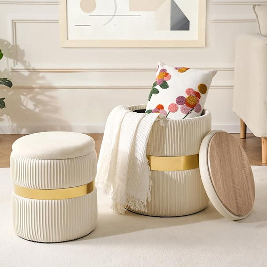 YYW HOME Velvet Round Ottoman with Storage Set of 2 for Livingroom Small Foot Stool Ottoman for Living Room Small Coffee Table Vanity Stool with Storage for Bedroom White