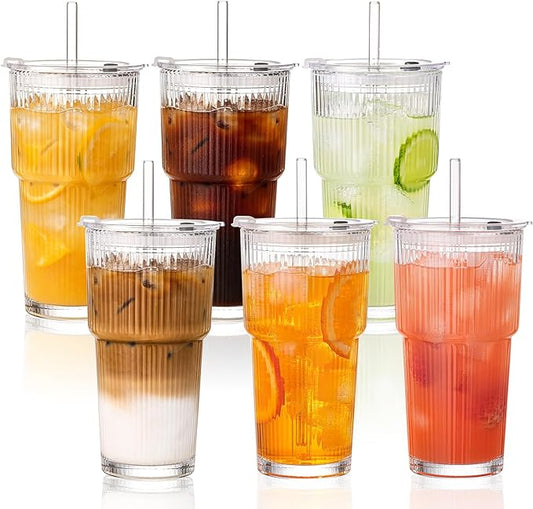 GOSCHE 20oz Glass Cups with Lids and Straws, Reusable Iced Coffee Cups, Thickened Glass Tumbler Set Ideal for Juices, Smoothies, Cocktails, and Beverage, Clear, 6 Pack