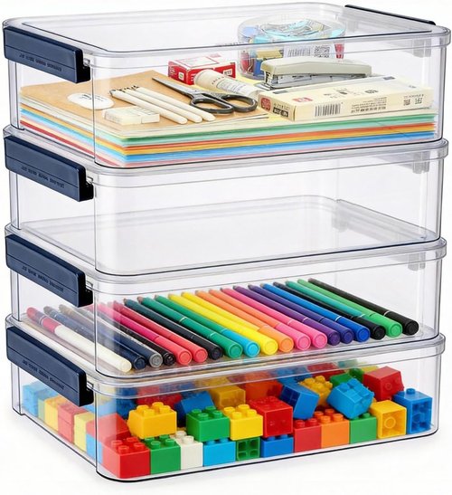 Clear Plastic Storage Box - 5.5qt Snap-Tight Latch Organizer | Stackable Container for A4 Files, Photos & Crafts