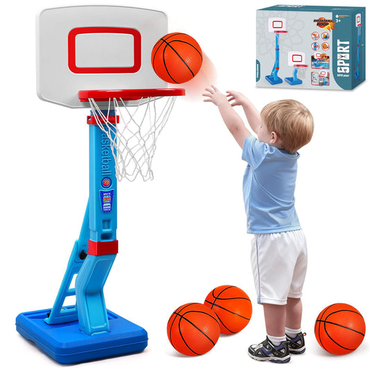 AOSPHYS Toddler Basketball Hoop Indoor Outdoor - Height Adjustable 27.6-54 Inches (5 Slots), Kids Basketball Hoop with 4 Inflatable Balls & Pump, Safe Toddler Toys for 1-6 Year Old Boys Girls