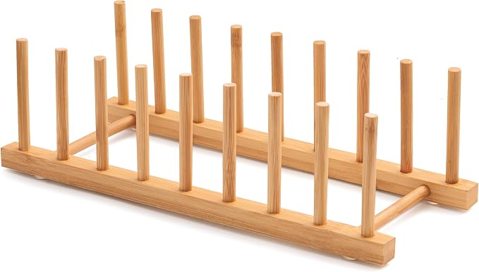 Bamboo Dish Drying Rack for Kitchen Counter and Cabinet, Dish/Book/Plate/Bowl/Cup/Cutting Board/Pot Lid Organizer for Kitchen, Living Room, Study, Display Cabinet (8 Slots)