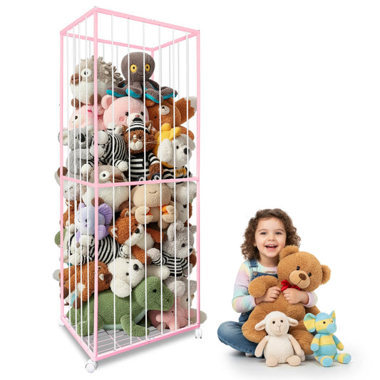 BETBEM Stuffed Animal Storage, Metal Tube Extra Large Toy Storage Organizer with Brake Wheels, Stuffed Animal Holder Zoo Organizer for Nursery Playroom Kids Room Pink(61” x 23.6”x 16.5”)